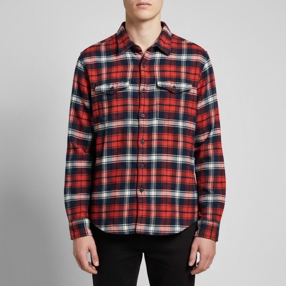 American Eagle Mens Red Plaid Flannel Button Down‎ Shirt Large 100% Cotton L